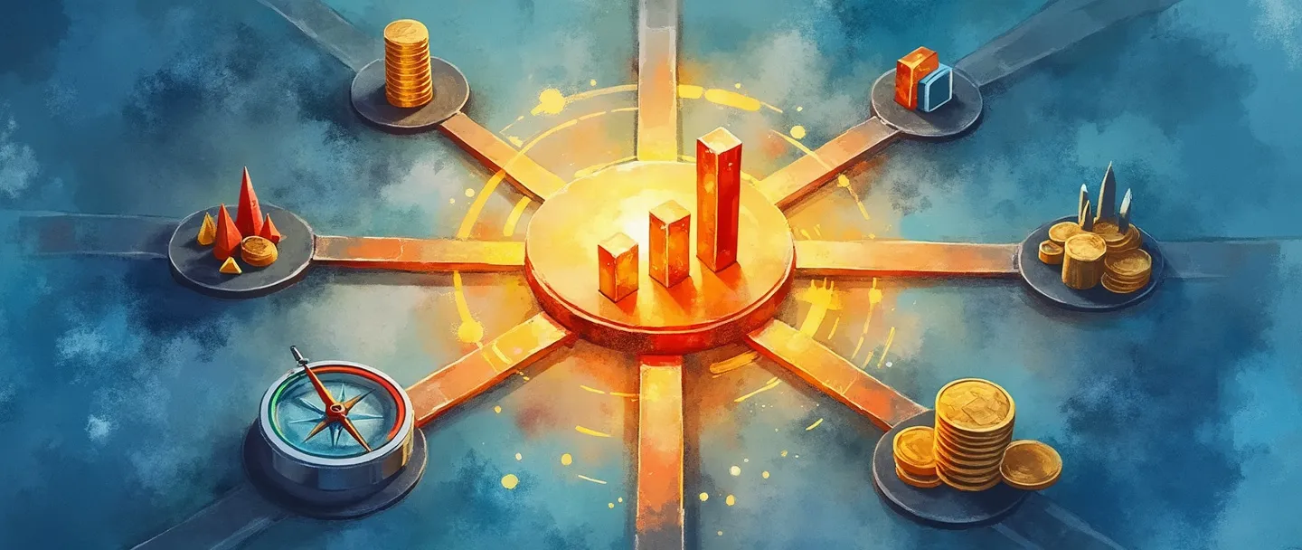 Uma pintura digital em aquarela de um hub central com múltiplos caminhos conectando-se a símbolos financeiros - um gráfico mostrando crescimento, um portfólio, moedas e uma bússola. O hub brilha com uma luz quente, sugerindo oportunidade e orientação. Composição simples com cores vibrantes, porém profissionais.