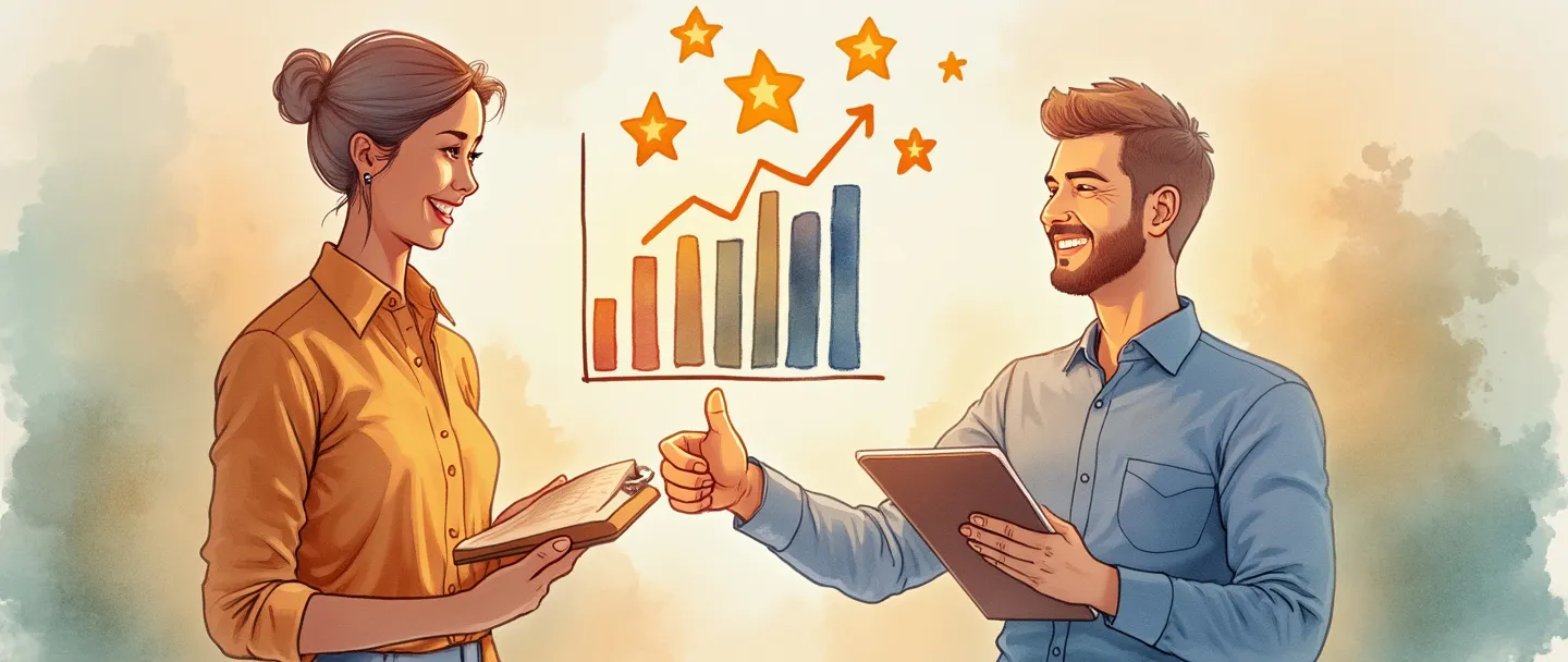 Uma pintura digital em aquarela de um cliente sorridente fazendo sinal de positivo para uma prancheta com um gráfico de barras em ascensão. Um sistema de classificação por estrelas com estrelas brilhantes flutua acima, enquanto um aperto de mãos conecta o cliente a um representante de negócios. Composição simples, cores quentes, tema de medição de satisfação.