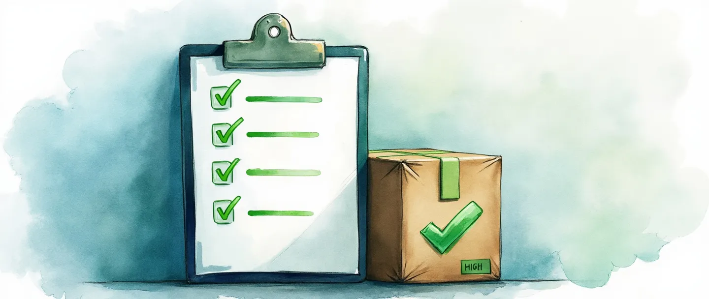 Uma pintura digital em aquarela de uma prancheta com uma lista de verificação onde a maioria dos itens está marcada como concluída, ao lado de um pacote com um sinal verde de confirmação. Uma pequena barra de progresso mostra alta taxa de conclusão. Composição simples com tons de azul e verde, transmitindo eficiência no atendimento de pedidos.