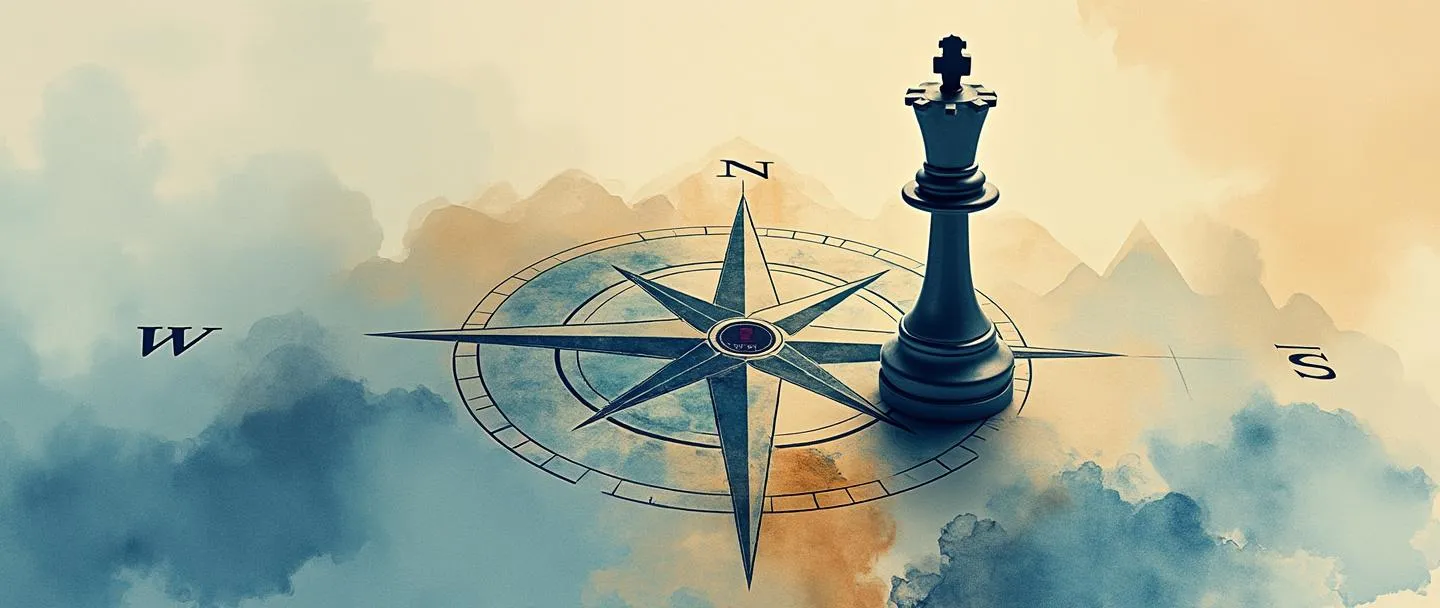 Uma pintura digital em aquarela de uma peça de xadrez (rei ou rainha) posicionada no centro de uma rosa dos ventos, com uma pequena cordilheira ao fundo. Um mapa estratégico se desdobra a partir da peça de xadrez, conduzindo a um alvo distante com um troféu. Composição simples com tons de azul e dourado, transmitindo visão estratégica e direção proposital.