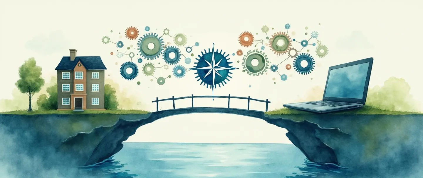 Uma pintura digital em aquarela de uma ponte conectando duas ilhas distintas - uma com um edifício de escritório tradicional e a outra com um laptop e smartphone. Engrenagens flutuam acima conectando ambos os mundos, com uma rosa dos ventos no centro simbolizando direção. Composição simples, tons suaves de azul e verde, representando sistemas de gestão híbridos.