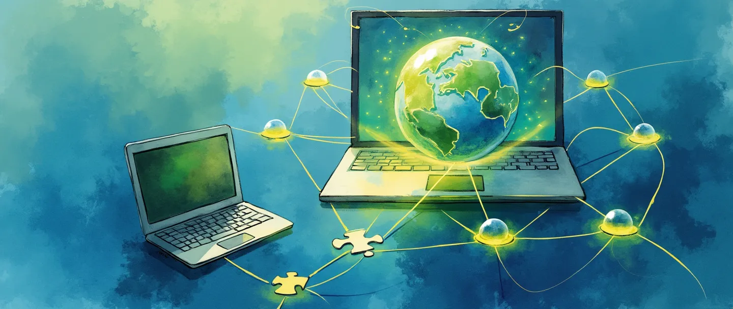 Uma pintura digital em aquarela de um computador conectado a um globo por pontes brilhantes, com peças de quebra-cabeça flutuando ao redor deles. Composição simples com tons vibrantes de azul e verde, representando conectividade web e integração de plataformas.