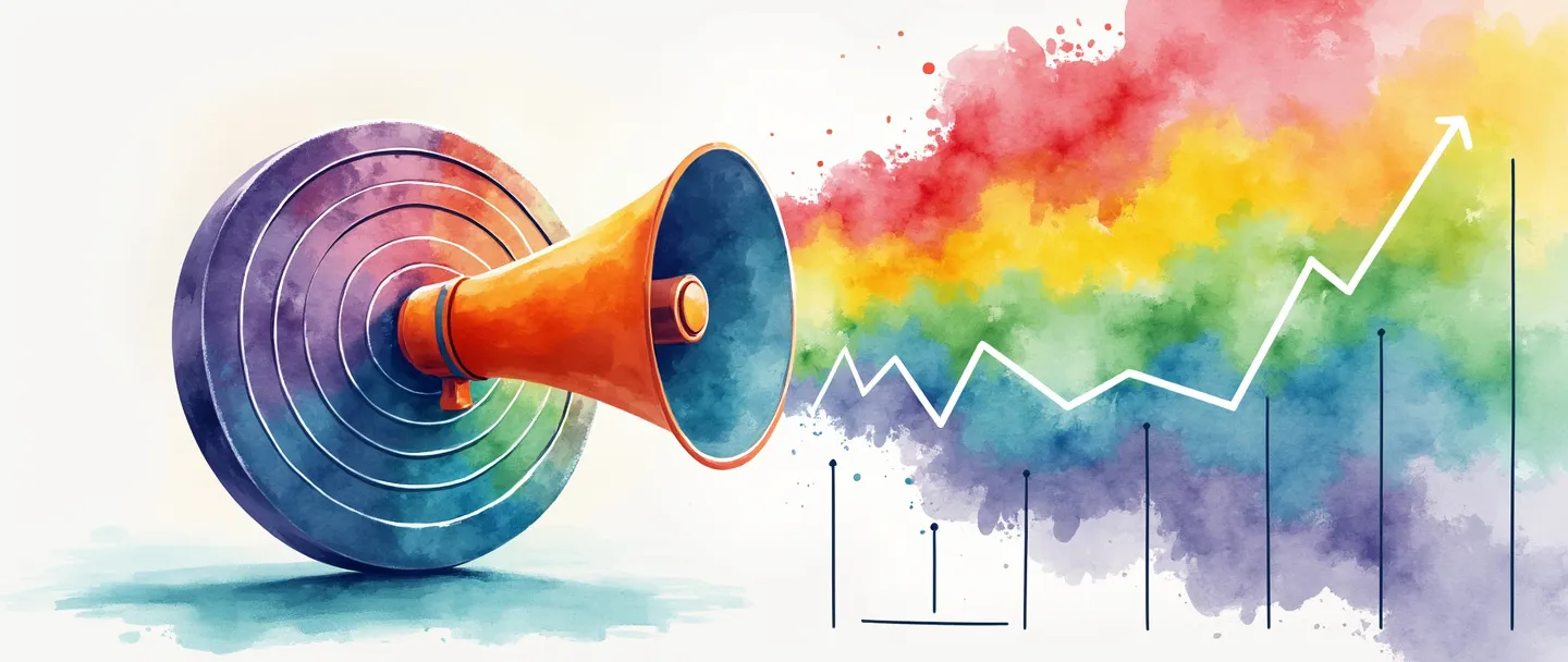 Uma pintura digital em aquarela de um alvo com segmentos personalizados em diferentes cores, com um megafone projetando ondas coloridas que se transformam em perfis únicos de clientes. Um gráfico simples mostra métricas crescentes de engajamento. Composição limpa, vibrante mas profissional, conceito de personalização de marketing.