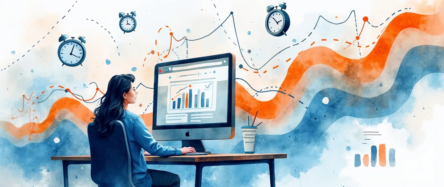 Uma pintura digital em aquarela de uma pessoa sentada em frente a um computador com trilhas de dados coloridas fluindo dos cliques do mouse através de uma interface simplificada de website. Pequenos relógios e lupas flutuam próximos, representando rastreamento e análise. Composição simples com azuis e laranjas vibrantes, transmitindo o rastreamento da jornada do usuário online.