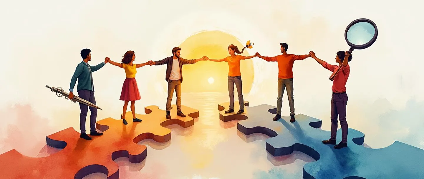 Uma pintura digital em aquarela de uma equipe diversificada em pé sobre peças de quebra-cabeça conectadas, cada pessoa segurando uma ferramenta diferente (bússola, chave, lâmpada, lupa). Eles estão formando um círculo com os braços estendidos em direção a um sol nascente central. Composição simples com cores quentes e inspiradoras mostrando colaboração e força compartilhada.