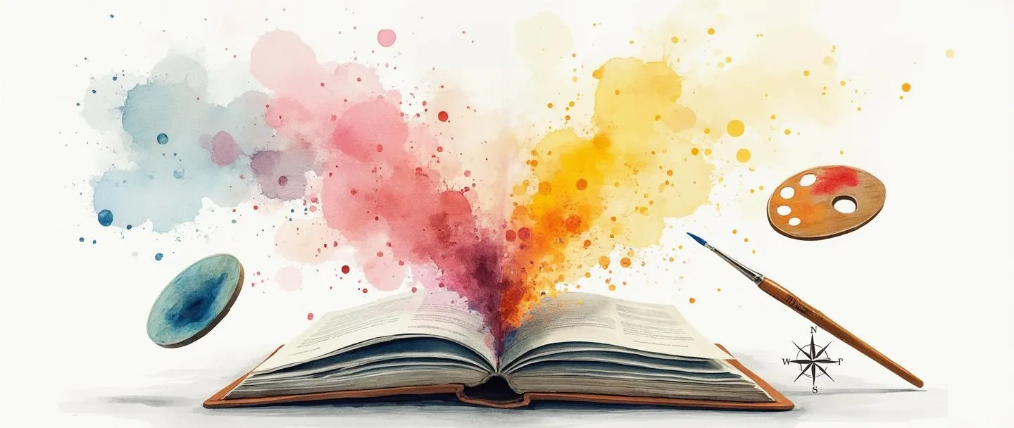 Uma pintura digital em aquarela de um livro aberto com diretrizes de marca coloridas fluindo de suas páginas. Uma paleta e um pincel pairam nas proximidades, enquanto uma bússola simples direciona para um design de logotipo coeso. O livro irradia elementos de identidade de marca como tipografia, amostras de cores e padrões visuais. Composição limpa com cores vibrantes, porém harmoniosas.