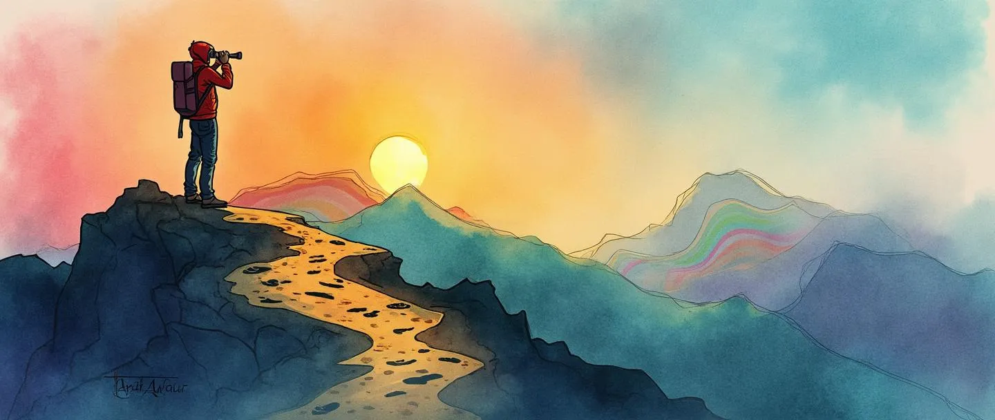 Uma pintura digital em aquarela de uma pessoa com binóculos em pé no topo de uma montanha, olhando para um sol nascente. Abaixo, um caminho sinuoso mostra pegadas que levam em direção ao horizonte, onde linhas de tendência coloridas emergem da paisagem. Composição simples com cores vibrantes.