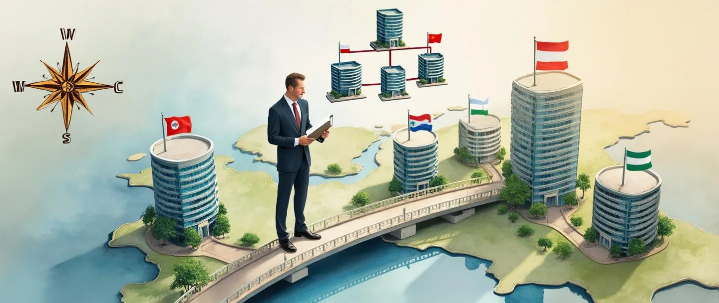 Uma pintura digital em aquarela de uma figura profissional em traje executivo em pé sobre um mapa com vários edifícios de escritórios conectados por pontes. A pessoa segura uma prancheta e está cercada por várias bandeiras regionais. Uma rosa dos ventos no canto indica diferentes direções, enquanto um organograma simplificado flutua acima, mostrando a posição do gerente conectando múltiplos locais.