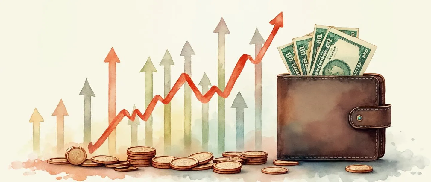 Uma pintura digital em aquarela de um gráfico financeiro com setas apontando em diferentes direções, com moedas e notas espalhadas ao redor. Uma pequena carteira se abre para revelar números flutuantes dentro dela. Composição simples, cores suaves, representando o conceito de variação de receita.