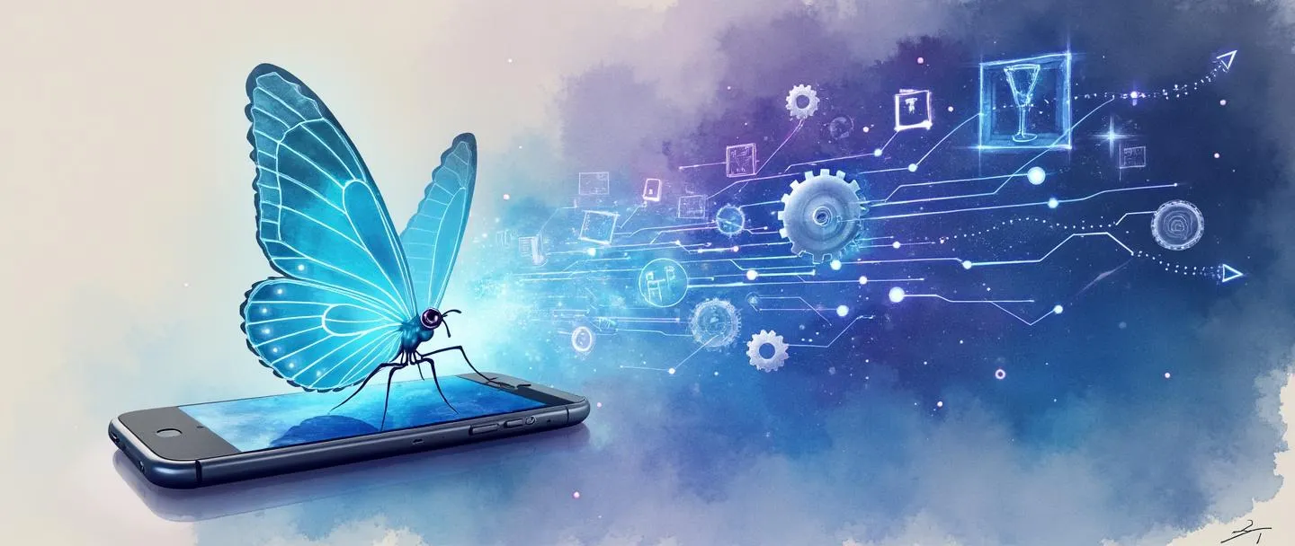 Uma pintura digital em aquarela de um smartphone se transformando em uma borboleta digital, com circuitos brilhantes fluindo através de suas asas. Uma escada conecta o telefone a um sistema de engrenagens flutuante. Composição simples com vibrantes tons de azul e roxo, transmitindo evolução tecnológica e crescimento.
