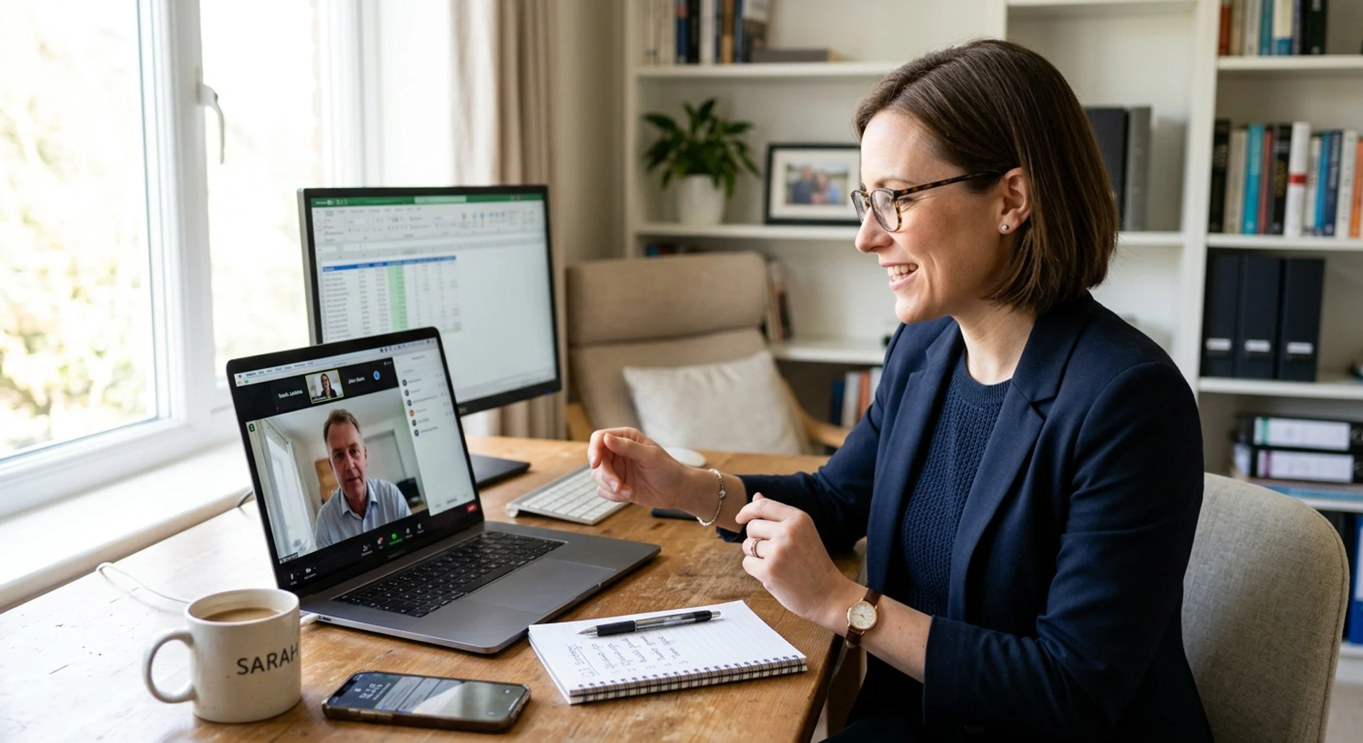 Consultoria empresarial online: como funciona e vantagens Foto editorial profissional de consultor de negócios em videochamada no laptop, ambiente de home office moderno com notebook e xícara de café, luz natural, momento autêntico capturado em alta resolução com Canon EOS R5.