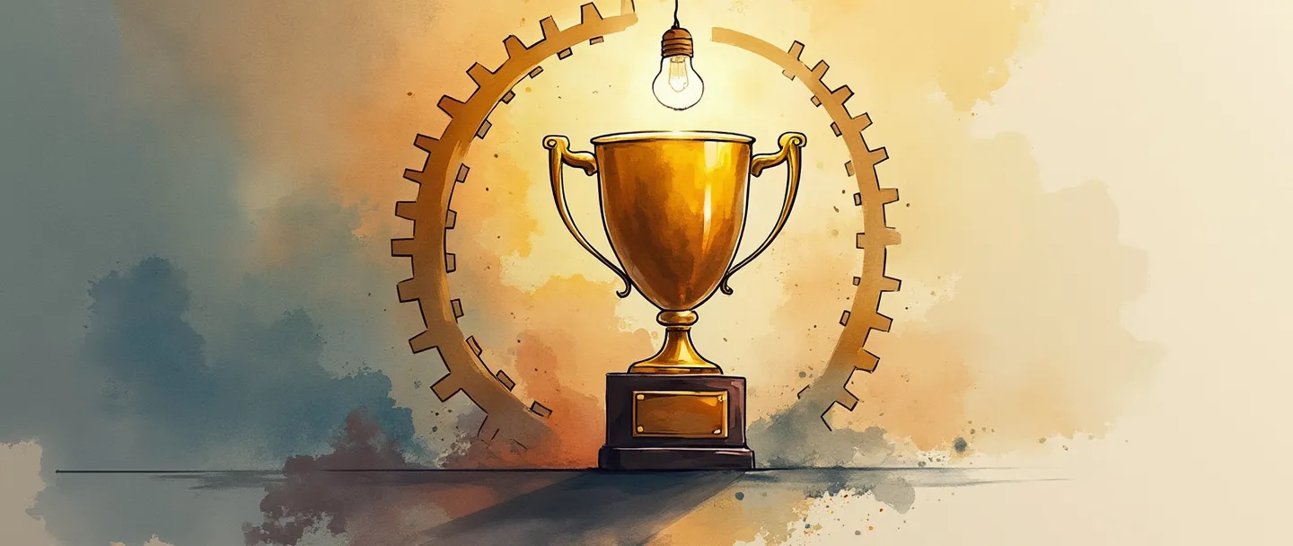 Uma pintura digital em aquarela de um troféu dourado com um emblema de selo de qualidade, cercado por engrenagens sutis que formam um círculo perfeito. Uma única lâmpada brilha acima dele, emitindo um brilho quente. Composição simples com linhas limpas e cores vibrantes, porém elegantes.