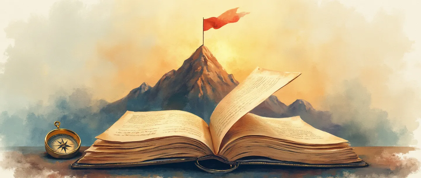 Uma pintura digital em aquarela de um livro aberto com um documento de declaração emergindo de suas páginas, adornado com um selo dourado. Uma bússola aponta para o cume de uma montanha onde uma bandeira tremula. Composição simples com cores quentes transmitindo valores, direção e propósito.
