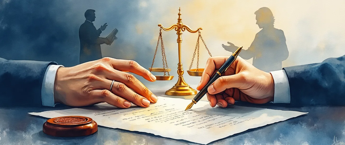 Uma pintura digital em aquarela de duas mãos assinando um documento de contrato, com um selo brilhante e uma balança da justiça pairando acima. Uma caneta-tinteiro repousa ao lado do contrato, e uma silhueta sutil de um aperto de mãos aparece no fundo. Atmosfera profissional, tons suaves de azul e dourado, composição limpa.