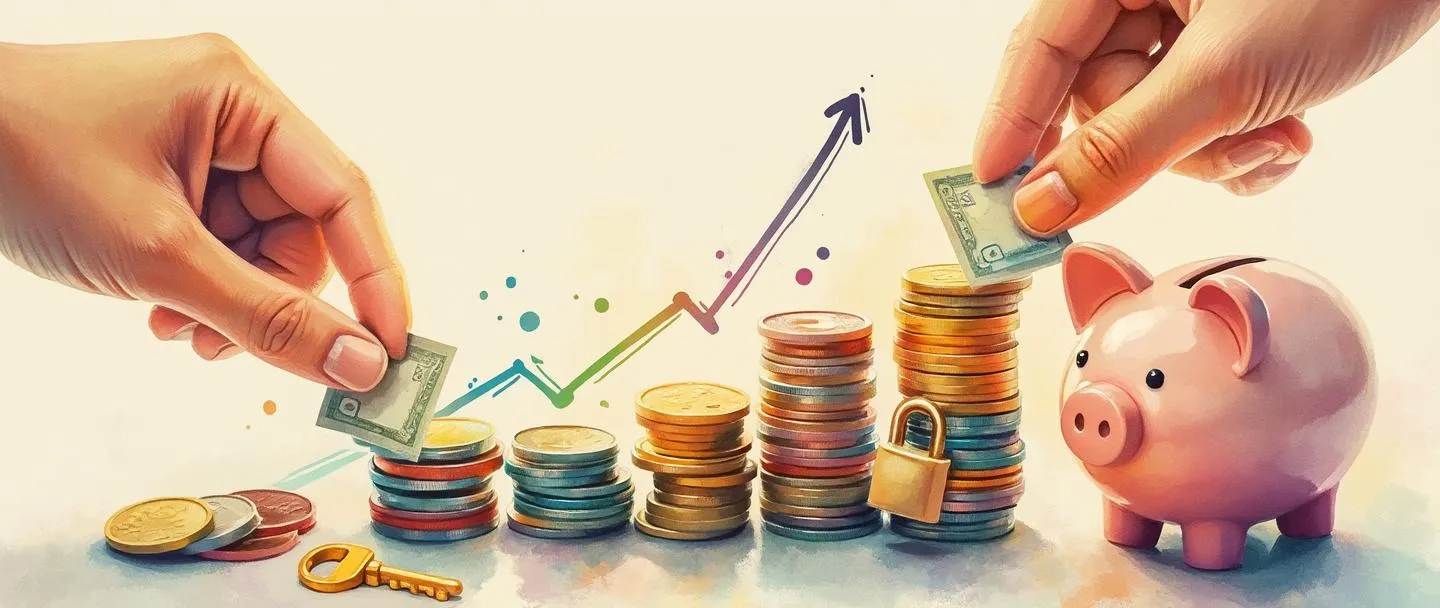 Uma pintura digital em aquarela de uma mão organizando moedas coloridas e notas de dinheiro em pilhas ordenadas ao lado de um gráfico ascendente simples. Uma pequena chave dourada destranca um cofre de porquinho próximo, com peças de quebra-cabeça conectando-os. Cores quentes, composição limpa, conceito de reorganização financeira.
