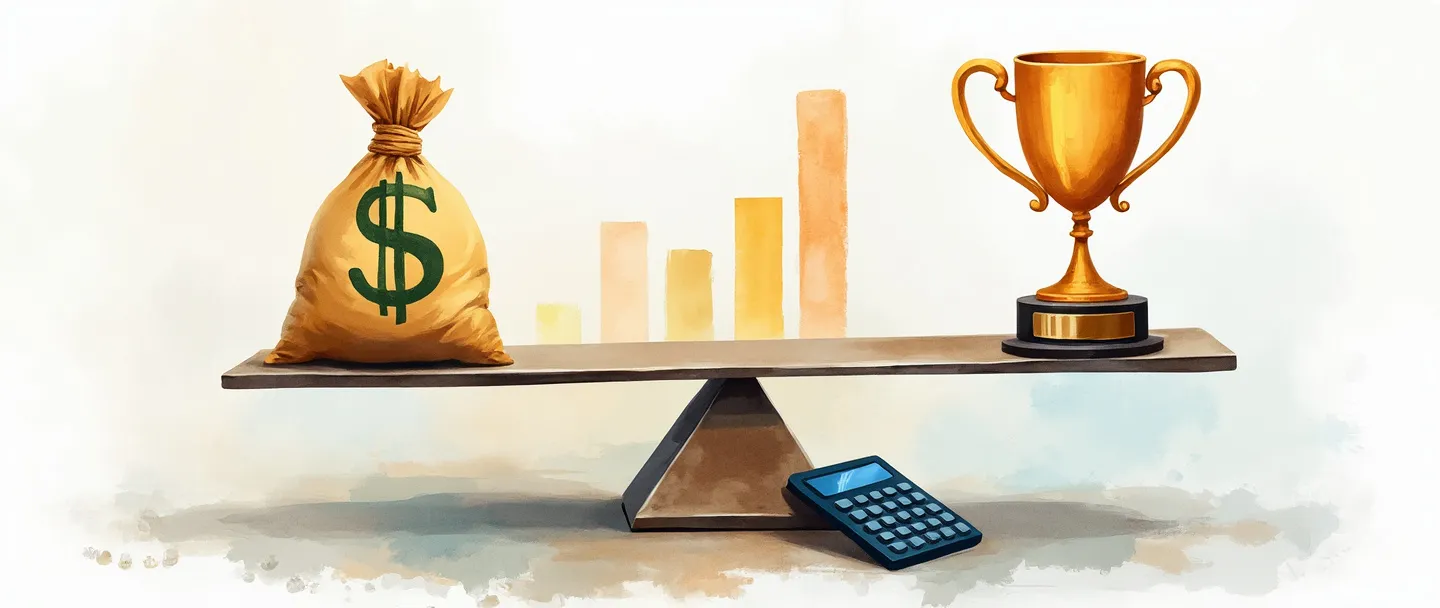 Uma pintura digital em aquarela de uma balança com uma bolsa de dinheiro em um lado e um troféu no outro, perfeitamente equilibrada. Um gráfico de barras simples se eleva atrás deles, com uma calculadora próxima. Cores suaves, composição limpa, representando análise de custo-benefício.