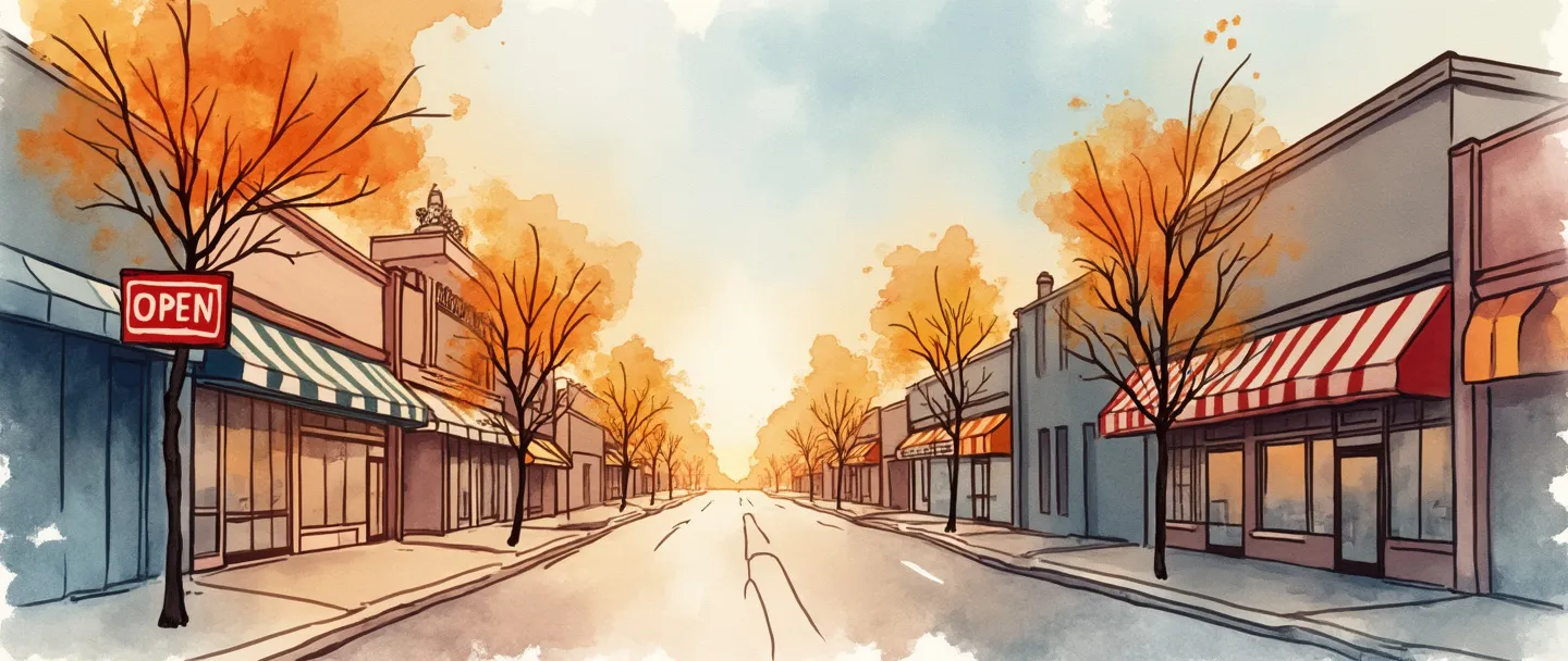 Uma pintura digital em aquarela de lojas e estabelecimentos comerciais em expansão com placas de "ABERTO", crescendo para fora a partir de um distrito comercial central. Pequenas setas apontam para fora, mostrando a expansão comercial. Um mapa simplificado com novas zonas comerciais destacadas em cores quentes. Estilo limpo e minimalista com texturas de aquarela vibrantes, porém suaves.