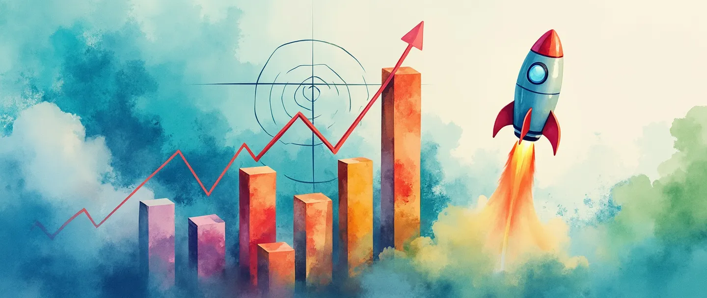 Uma pintura digital em aquarela de um gráfico com tendência ascendente e um foguete subindo ao lado dele. O KPI de crescimento de mercado é visualizado como gráficos de barras coloridos alcançando níveis mais altos, com um alvo ao fundo. Composição simples com tons vibrantes de azul e verde, transmitindo métricas de sucesso empresarial e expansão.
