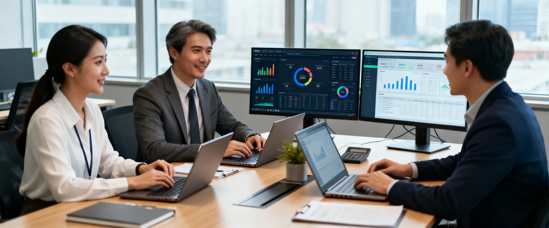 O que é ERP? Funcionalidades e principais sistemas do mercado Profissionais de negócios diversos colaborando em mesa de conferência com laptops e telas exibindo dashboards analíticos em escritório corporativo moderno. Fotografia editorial ultra-realista com iluminação natural e detalhes nítidos.