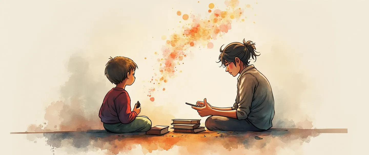 Uma pintura digital em aquarela de uma pessoa demonstrando silenciosamente uma habilidade para outra que observa atentamente. O conhecimento flui entre elas como sutis fios coloridos. Sem livros ou materiais escritos presentes, apenas a troca de experiência através da prática. Composição simples com cores quentes e convidativas.
