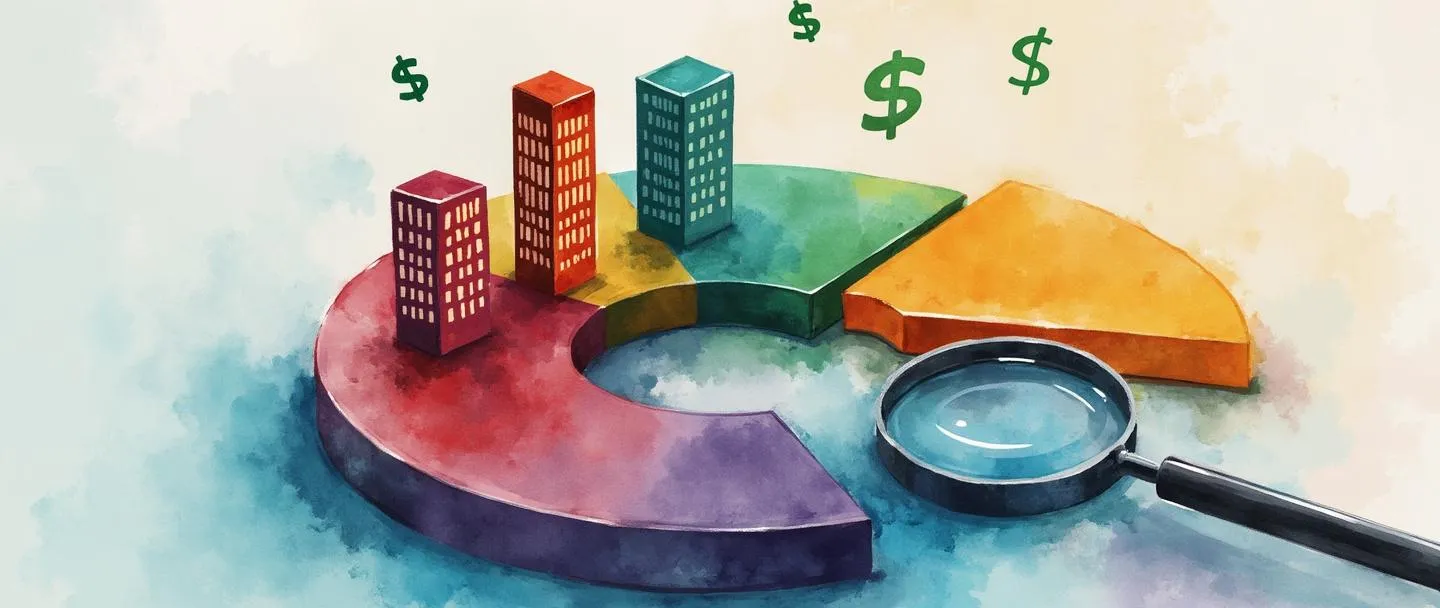 Uma pintura digital em aquarela de um gráfico de pizza dividido em seções coloridas, com pequenos edifícios de escritórios colocados em cada segmento. Símbolos de dinheiro flutuam acima, enquanto uma lupa destaca uma seção de edifício. Linhas limpas, tema organizacional, visualização de alocação de orçamento.