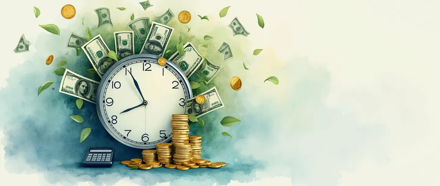 Uma pintura digital em aquarela de um relógio com dinheiro e notas bancárias crescendo de suas bordas como pétalas. Os ponteiros do relógio apontam para percentuais que aumentam ao redor do mostrador. Uma pequena calculadora está na base. Composição simples com tons suaves de azul e verde contrastando com moedas douradas. Representação elegante de taxas de juros nominais.