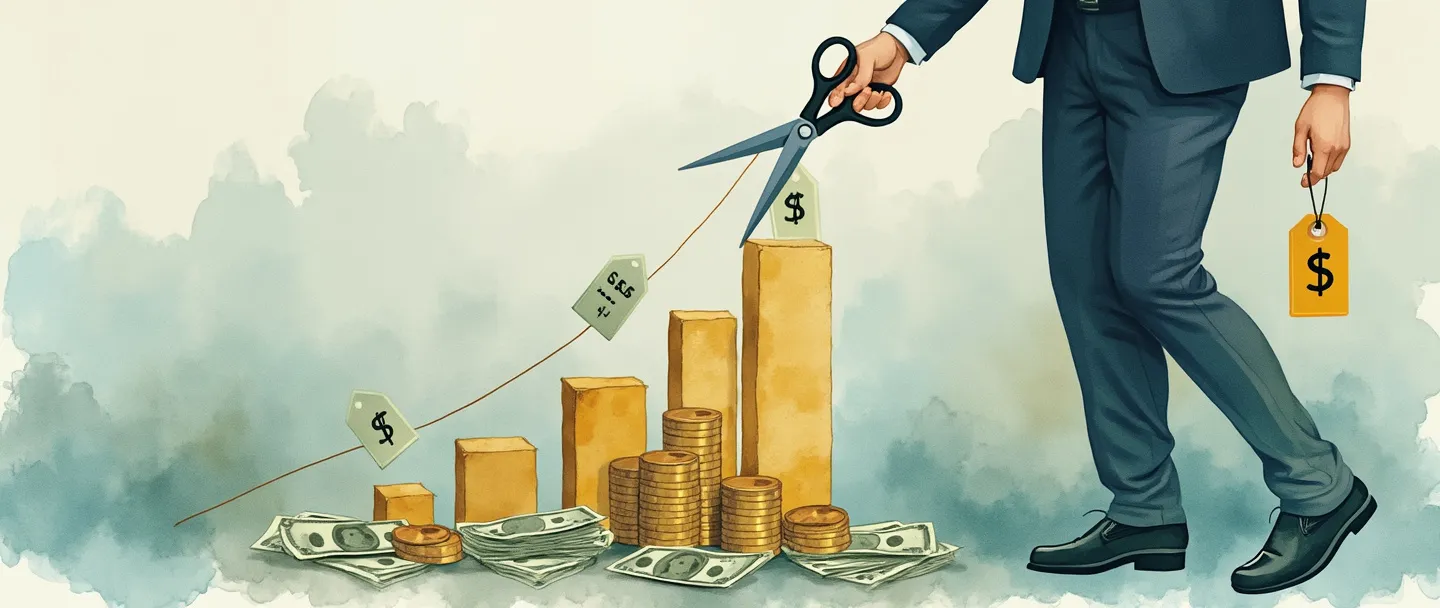 Uma pintura digital em aquarela de uma pessoa em traje de negócios segurando uma tesoura, cortando custos em etiquetas de preço presas a notas de dólar e moedas. Um gráfico de barras simples com tendência descendente ao fundo, com a barra mais baixa destacada em dourado. Composição limpa, com tons suaves de azul e verde com acentos dourados, transmitindo uma estratégia de liderança em custos.