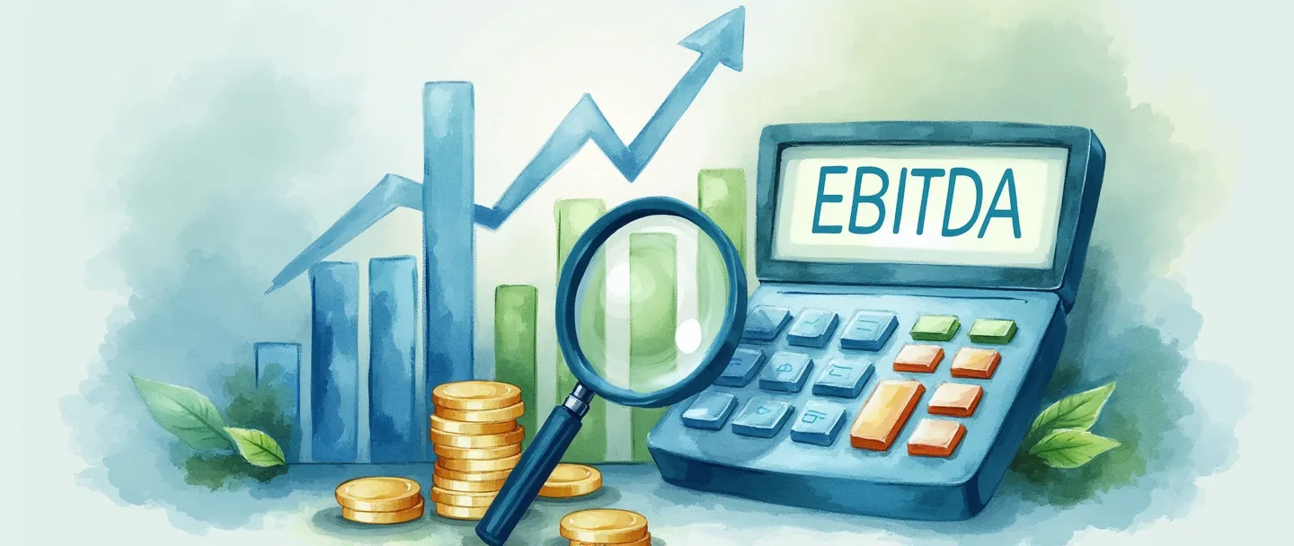 Uma pintura digital em aquarela de uma calculadora exibindo "EBITDA" em sua tela, cercada por gráficos de barras ascendentes e moedas flutuantes. Uma lupa paira sobre gráficos financeiros com tendências de alta. Composição simples com tons de azul e verde transmitindo análise financeira e desempenho empresarial.