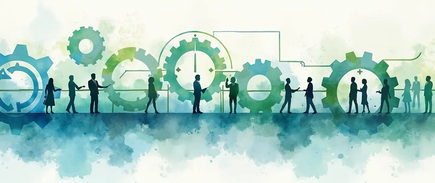Uma pintura digital em aquarela de um fluxograma horizontal com engrenagens conectadas espalhadas pela imagem. Em vez de hierarquia vertical, os processos fluem lado a lado com setas conectando-os. Silhuetas simples de pessoas colaboram entre departamentos, quebrando barreiras tradicionais. Design limpo com tons suaves de azul e verde transmitindo eficiência e trabalho em equipe.
