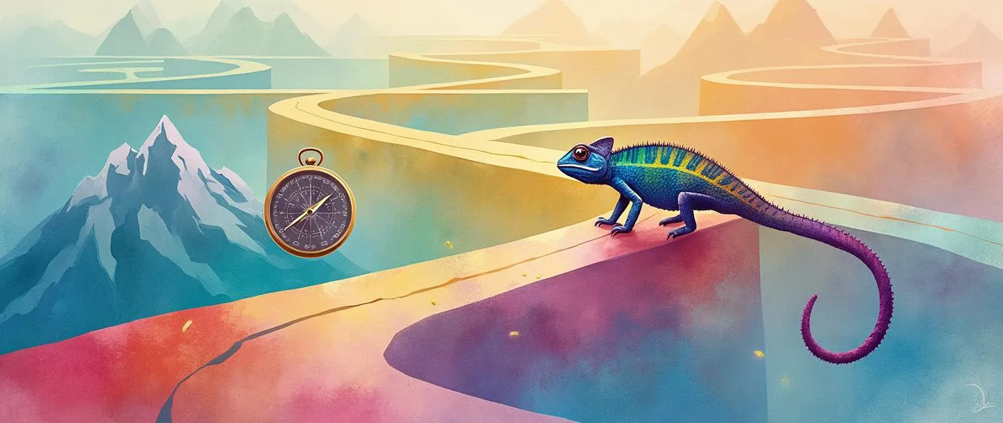 Uma pintura digital em aquarela de um camaleão mudando de cores enquanto navega por um labirinto com múltiplos caminhos. O camaleão está em uma encruzilhada com rotas de diferentes cores, algumas levando a montanhas, outras a pontes. Uma bússola flutua por perto, com sua agulha mudando de direção. Composição simples com cores adaptativas vibrantes contra um fundo suave.