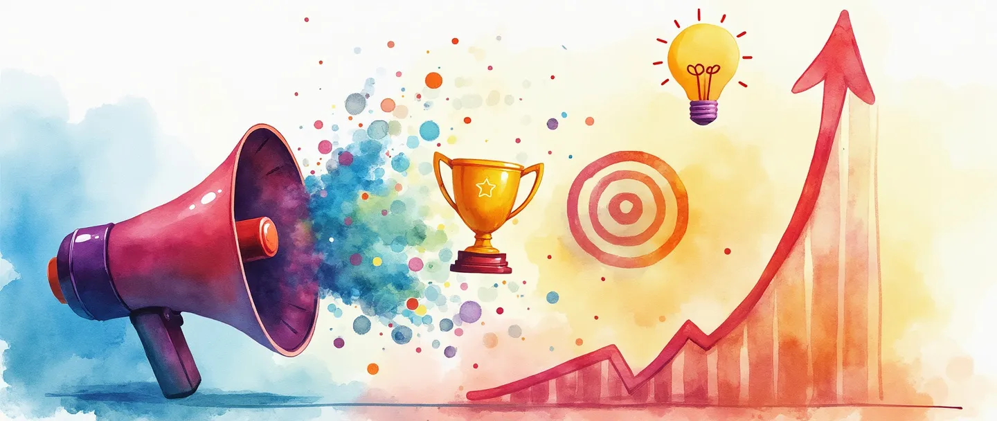 Uma pintura digital em aquarela de um megafone emitindo ondas coloridas que se transformam em um troféu e um alvo. Uma lâmpada flutua acima, conectada a um gráfico ascendente. Composição simples com cores vibrantes representando qualidade e sucesso publicitário.