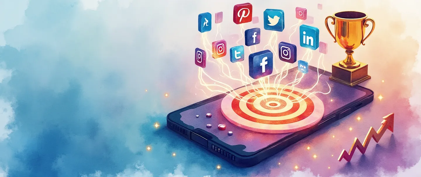 Uma pintura digital em aquarela de um smartphone com ícones de mídias sociais flutuando acima dele, conectados por linhas de rede brilhantes a um alvo com um centro. Um pequeno troféu e um gráfico com tendência ascendente aparecem próximos. Composição simples com cores vibrantes transmitindo qualidade de marketing em mídias sociais.