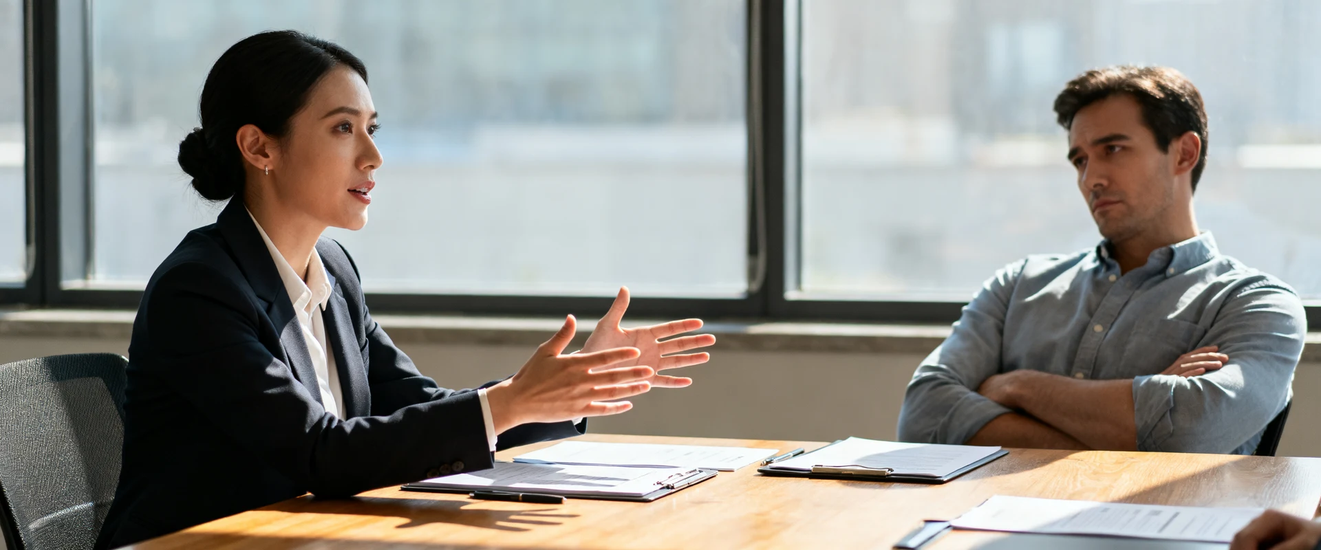 Fotografia editorial ultra-realista de reunião de negócios profissional, capturando momento autêntico entre empresária confiante e cliente hesitante através da mesa, luz natural de janela, foco nítido em alta resolução, Canon EOS R5 50mm.