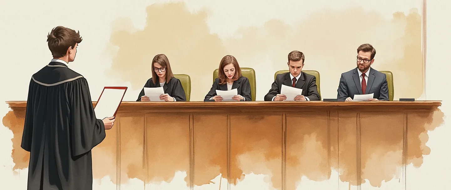 Uma pintura digital em aquarela de três juízes sentados atrás de uma mesa comprida, examinando papéis e documentos. Um estudante nervoso está em pé diante deles apresentando um diploma. Cores suaves e profissionais com uma atmosfera acadêmica sutil. Composição simples mostrando uma banca examinadora em sessão.