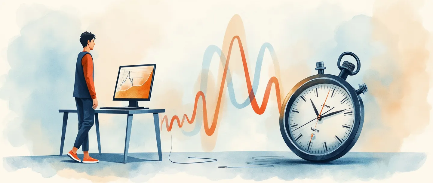 Uma pintura digital em aquarela de um cronômetro com ondas de tempo fluindo, conectado a um computador exibindo um gráfico de resposta simples. Uma pessoa espera ao lado do computador enquanto um relógio mostra o tempo decorrido. Design limpo e minimalista com tons suaves de azul e laranja.