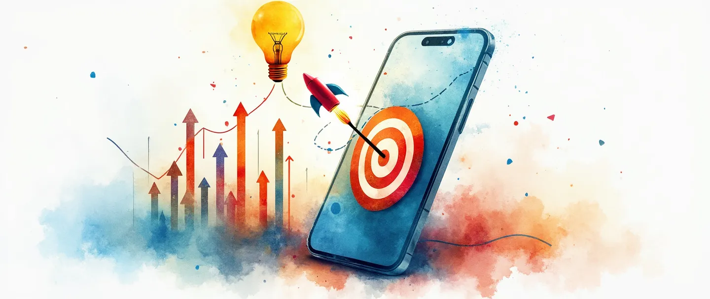 Uma pintura digital em aquarela de um smartphone exibindo um alvo com flechas acertando o centro, cercado por gráficos com tendência de alta e um pequeno foguete lançando-se para cima. Uma lâmpada flutua acima, conectada ao telefone por linhas digitais coloridas. Composição simples com vibrantes tons de azul e laranja contra um fundo branco limpo.