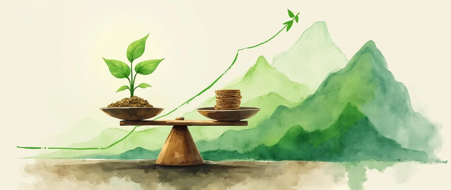Uma pintura digital em aquarela de uma balança equilibrada segurando uma planta em crescimento e uma pilha de moedas. Um gráfico suave com tendência ascendente flui atrás deles, com um caminho verde sustentável serpenteando em direção ao pico de uma montanha. Composição simples com tons terrosos e verdes vibrantes, transmitindo crescimento financeiro sustentável.