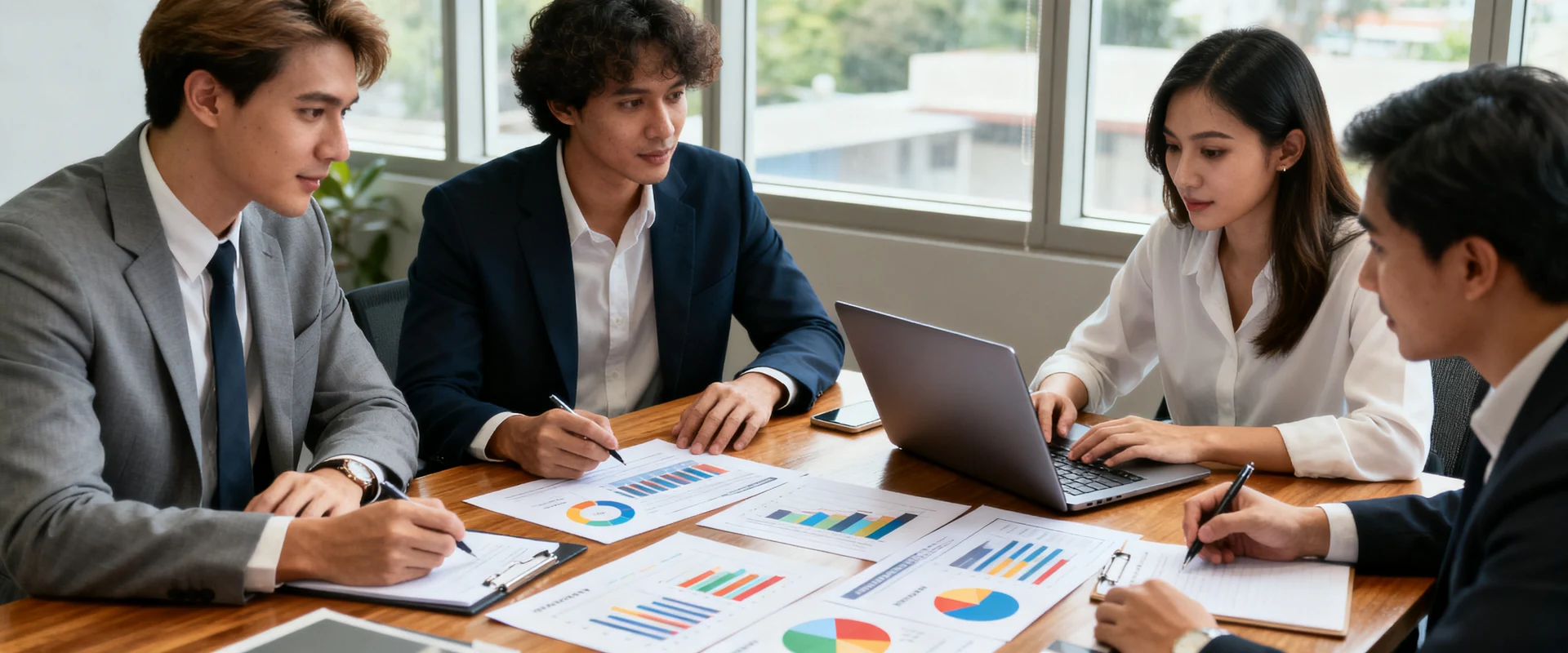 Business plan: significado, importância e como elaborar o seu Equipe de negócios diversificada colaborando em mesa de conferência com documentos de planejamento estratégico, laptops e gráficos. Fotografia editorial ultra-realista com luz natural, foco nítido e detalhes precisos capturados em Canon EOS R5.