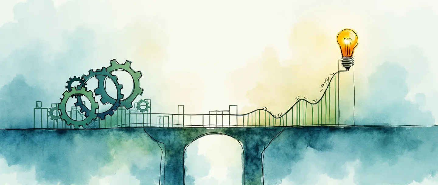 Uma pintura digital em aquarela de um fluxograma se transformando em uma ponte, conectando engrenagens de um lado a um gráfico com tendência ascendente do outro. Uma lâmpada brilha acima da ponte, iluminando um caminho claro à frente. Composição simples com tons suaves de azul e verde, transmitindo melhoria de processos e planejamento estratégico.