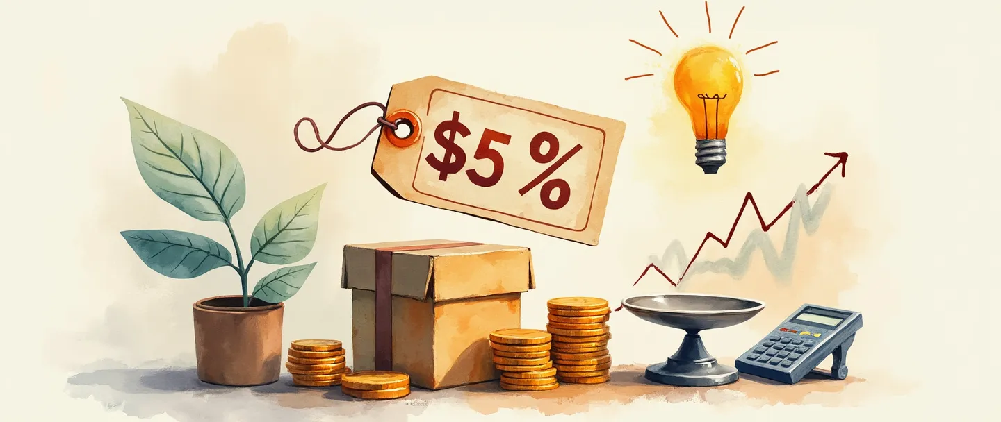 Uma pintura digital em aquarela de uma etiqueta de preço com cifrões e símbolos de porcentagem flutuando acima de uma caixa de produto. Uma balança simples equilibra moedas e uma calculadora próxima. Um pequeno gráfico com tendência ascendente ao fundo com uma lâmpada pairando acima dele. Cores quentes, composição limpa, conceito de estratégia de precificação.