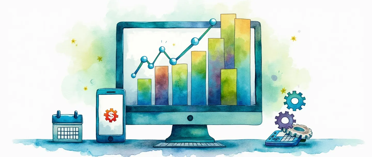 Uma pintura digital em aquarela de um computador exibindo um gráfico de barras colorido com um símbolo de dinheiro subindo. Um smartphone ao lado mostra um painel de vendas simples com engrenagens conectando ambos os dispositivos. Um pequeno calendário e uma calculadora repousam nas proximidades. Composição limpa e organizada com tons vibrantes de azul e verde transmitindo eficiência e crescimento financeiro.