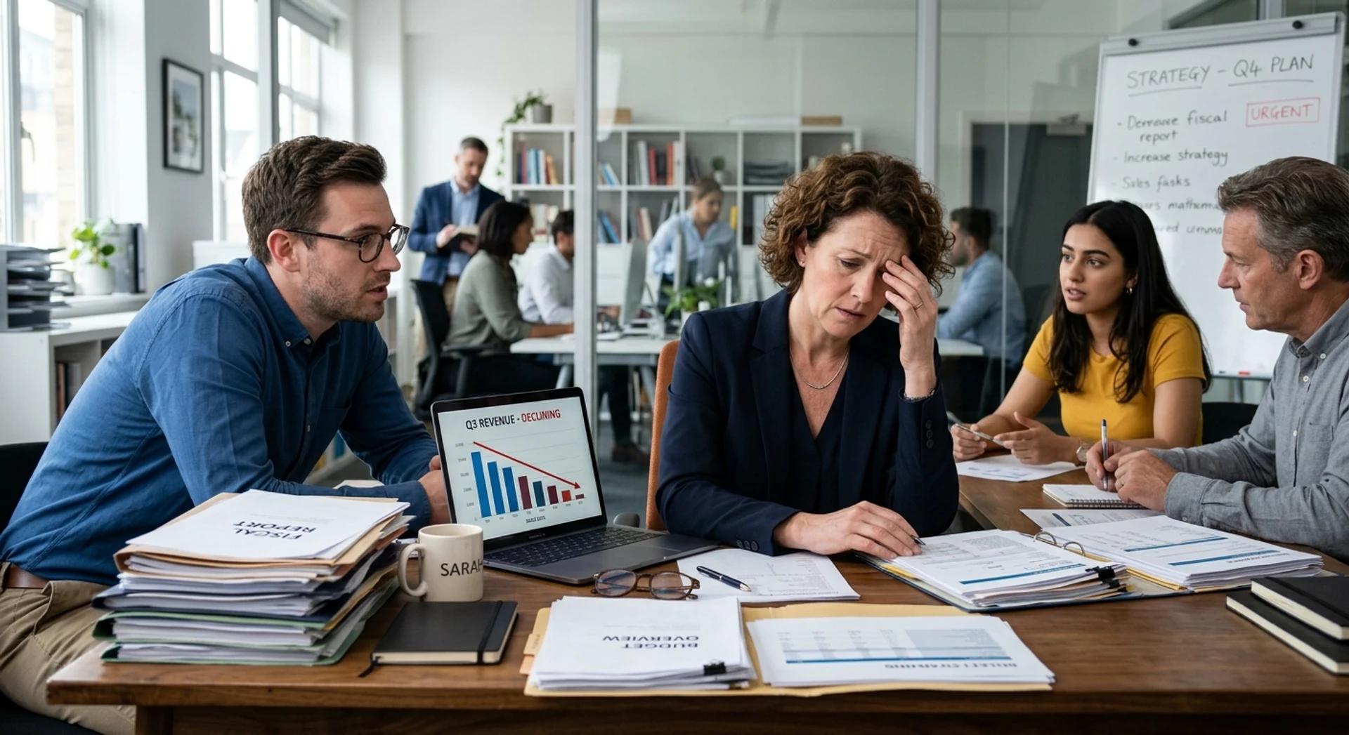 Empresário estressado em reunião de negócios analisando gráficos em declínio cercado por documentos no escritório moderno, fotografia documental profissional em alta resolução capturando momento autêntico de preocupação corporativa.