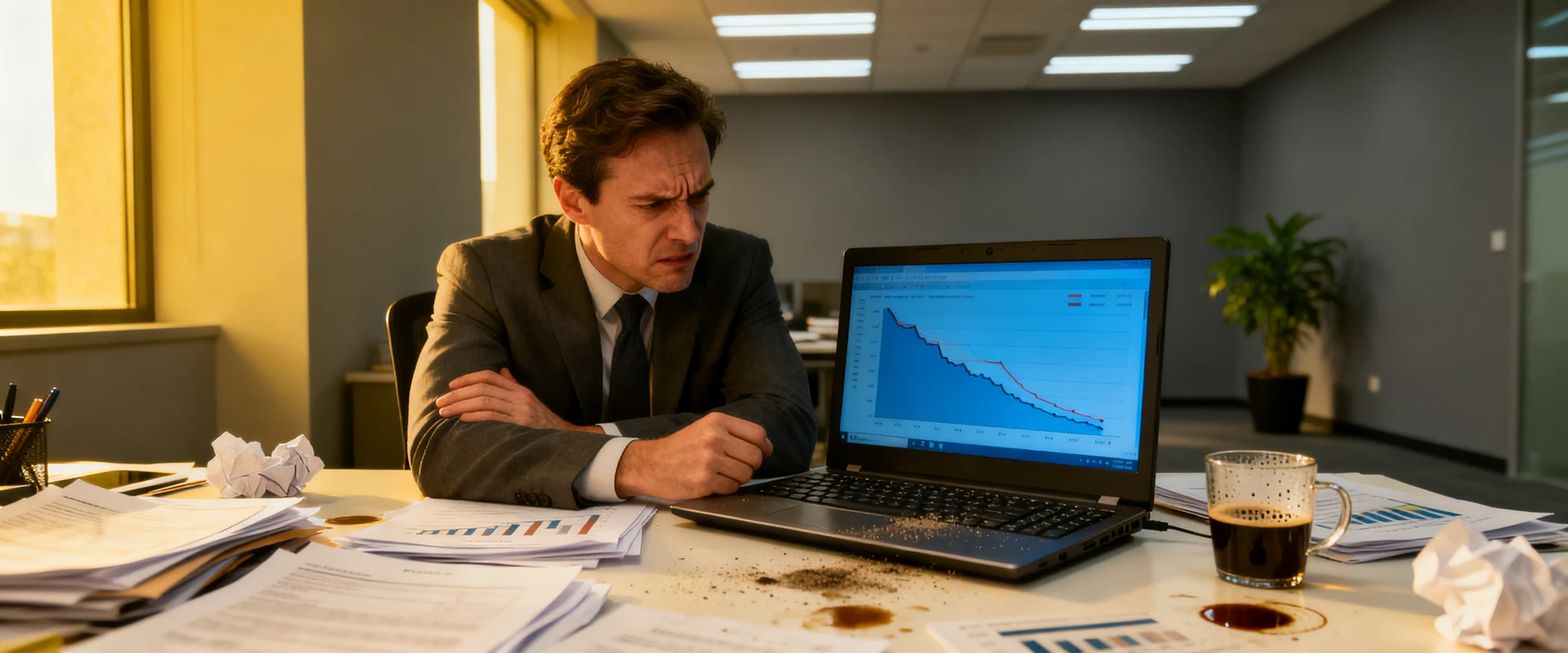 Heads de vendas: 10 erros comuns que comprometem os resultados Fotografia editorial ultra-realista de gerente de vendas frustrado analisando gráficos em declínio no laptop, ambiente corporativo moderno, luz natural, expressão preocupada, documentação autêntica de negócios.