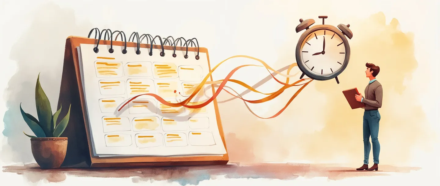 Uma pintura digital em aquarela de um calendário com prazos destacados, conectado a um relógio com fitas de tempo fluindo. Uma pessoa está em pé, confiante, gerenciando ambos os elementos com uma prancheta na mão. Composição simples com cores quentes, transmitindo gerenciamento de tempo e controle de prazos.