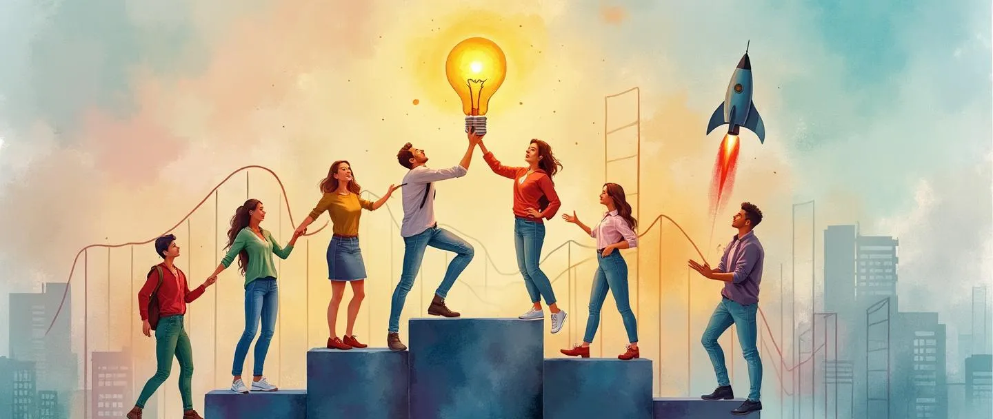 Uma pintura digital em aquarela de jovens diversos em pé sobre degraus ascendentes de um pódio, segurando juntos uma lâmpada brilhante. Atrás deles, um gráfico simples apontando para cima e um pequeno foguete decolando. Atmosfera colorida e esperançosa com elementos corporativos sutis, como a silhueta de um prédio de escritórios ao longe. Empoderamento juvenil em contexto empresarial.