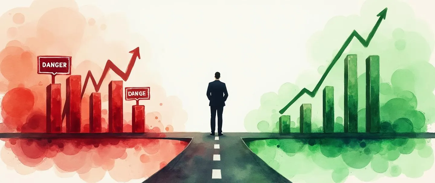 Uma pintura digital em aquarela de uma pessoa de negócios em pé em uma encruzilhada, com um caminho levando a uma zona de perigo vermelha com sinais de alerta e gráficos em queda, enquanto o outro caminho mostra uma zona segura verde com gráficos de barras ascendentes. Composição simples com contraste claro entre risco e segurança nas operações de negócios.