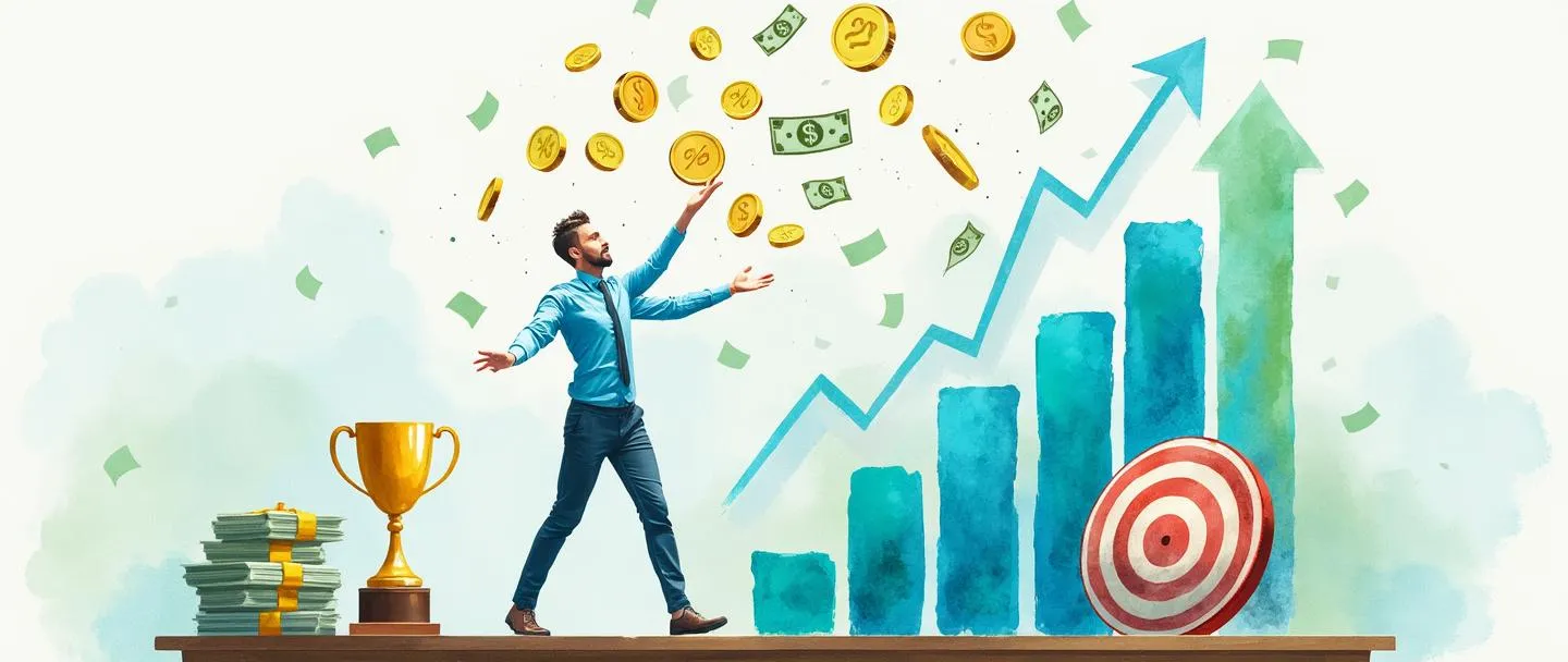 Uma pintura digital em aquarela de uma pessoa malabarismo com moedas, notas de dólar e porcentagens enquanto está em pé sobre um gráfico de barras ascendente. Um troféu e um alvo com flechas estão próximos sobre uma mesa. Composição simples com vibrantes tons de azul e verde, transmitindo o conceito de remuneração variável vinculada ao desempenho.