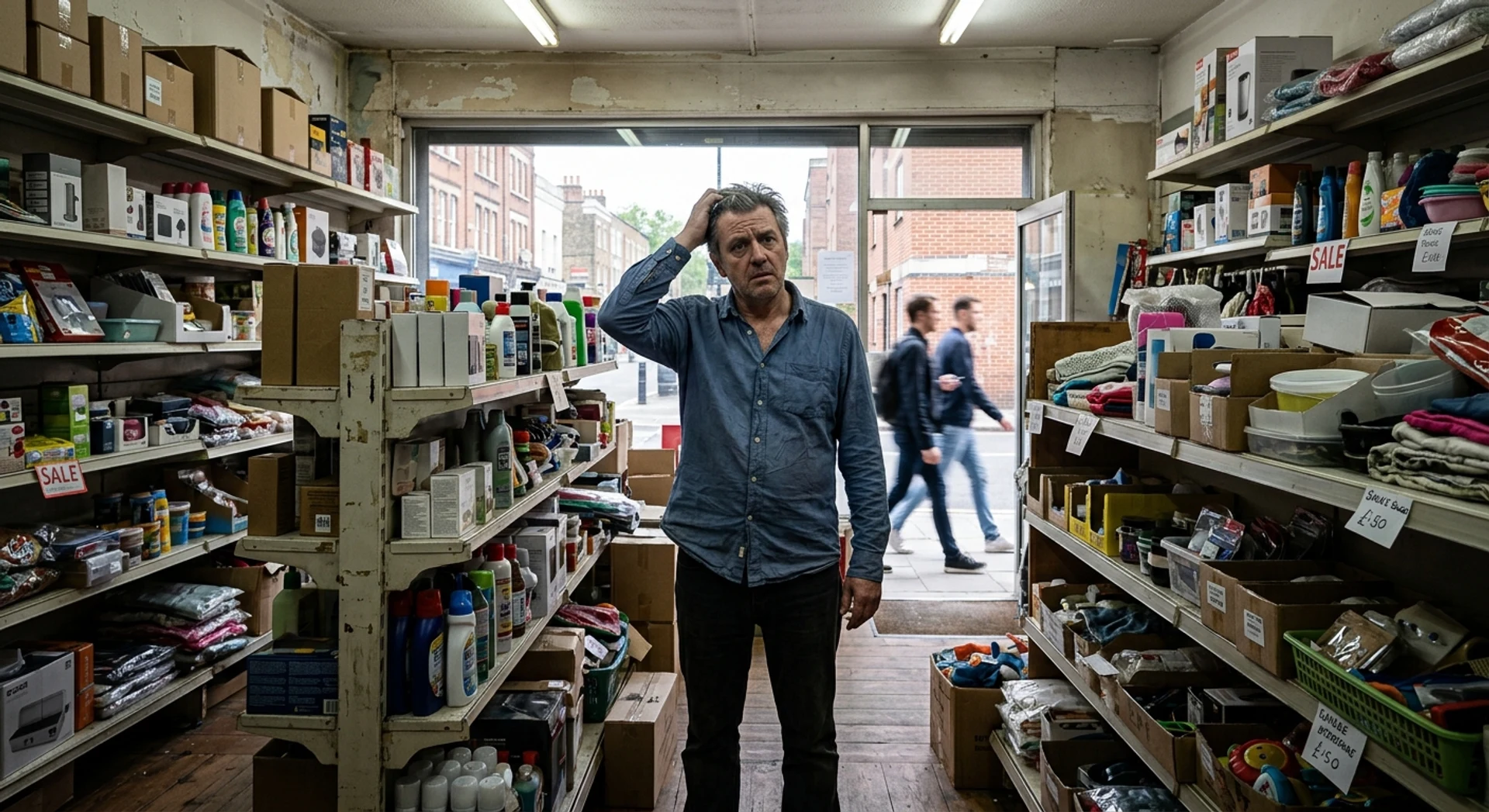 Empresário confuso em loja de varejo vazia sem identidade de marca definida, enquanto clientes em potencial passam sem parar - fotografia documental de negócios ultra-realista capturada em Canon EOS R5 com luz natural.