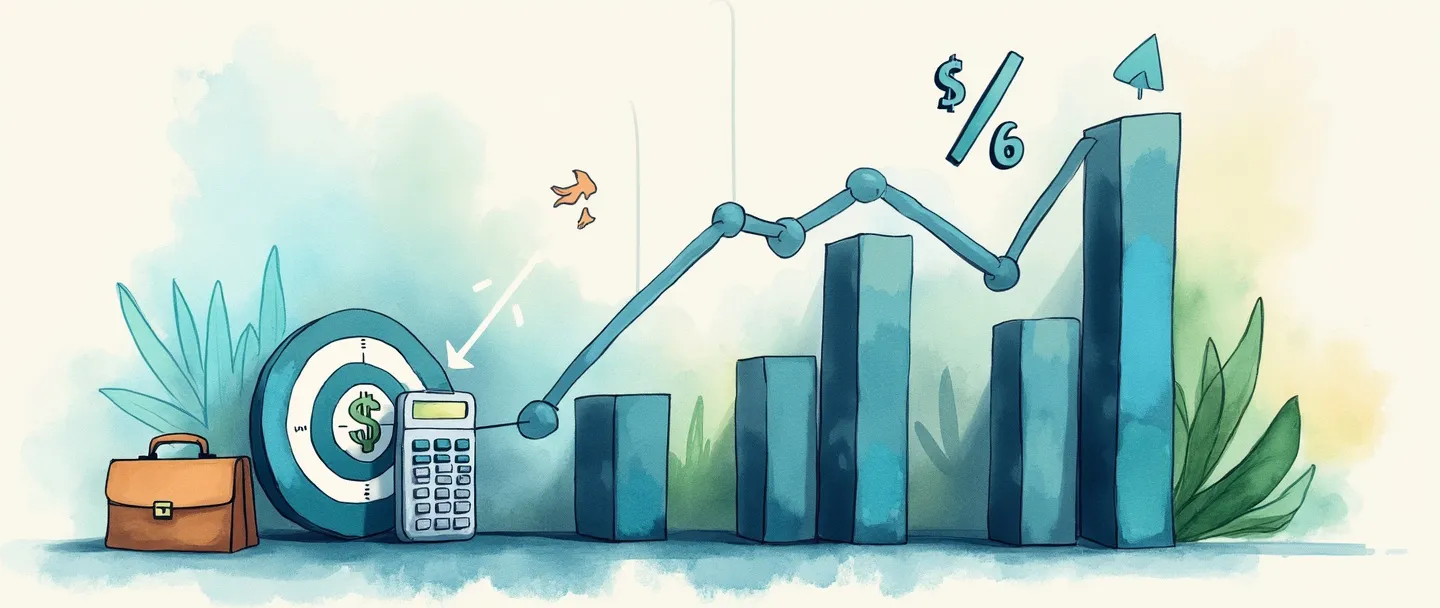 Uma pintura digital em aquarela de um gráfico de barras com cifrões, conectado a uma calculadora e um alvo com uma flecha no centro. Uma pequena maleta está próxima, com um símbolo de porcentagem simplificado flutuando acima. Composição limpa com tons de azul e verde sugerindo eficiência financeira e desempenho de vendas.