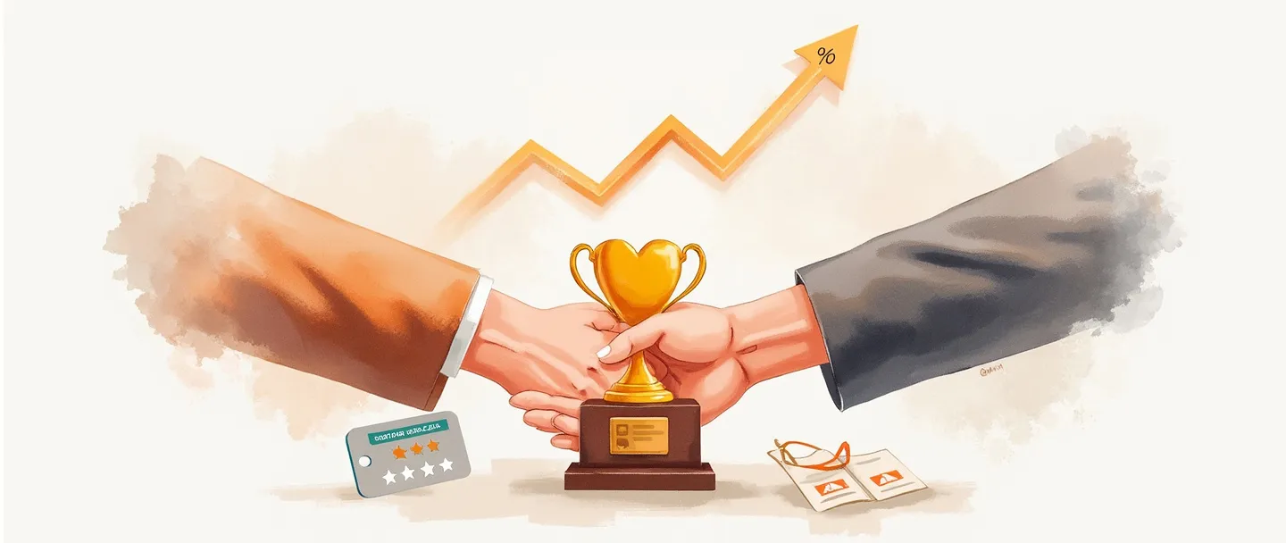 Uma pintura digital em aquarela de um aperto de mãos conectando-se a um troféu em forma de coração. Uma linha de gráfico simples e ascendente flui entre eles, com um pequeno símbolo de porcentagem subindo acima. Um cartão de fidelidade com classificação por estrelas está próximo. Cores quentes e confiáveis, estilo minimalista, tema de relacionamento com o cliente.